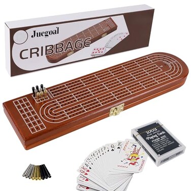 Juegoal Wood Cribbage Board Game Set 3 Tracks with Metal Pegs Cards Storage Area