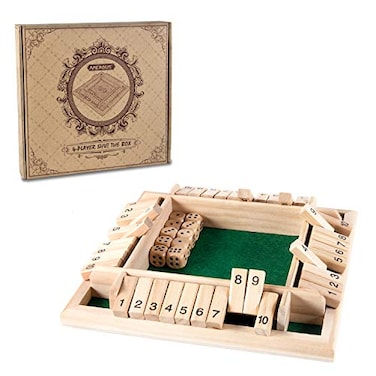 AMEROUS 14 Players Shut The Box Dice GameClassic 4 Sided Wooden Board Game with 10 Dice and Instructions for Kids Adults Tabletop Version