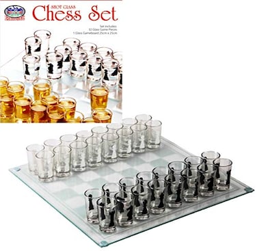 Matty's Toy Mattys Toy Stop Small Shot Glass Chess Set Drinking Game Set 10 x 10 with Plastic Shot Glasses 15 and Glass Game Board Drunken Chess