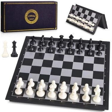 AMEROUS 10 Inches Magnetic Travel Chess Set with Folding Chess Board 2 Extra Queens Instructions for Beginner Kids and Adults