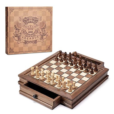 AMEROUS Magnetic Wooden Chess Set 128 x 128 Walnut Chess Board Game with 2 Builtin Storage Drawers 2 Bonus Extra Queens Chess for Beginner Kids and Adults Gift Packaging