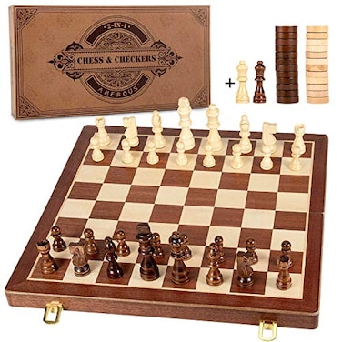 AMEROUS 15 Inches Magnetic Wooden Chess Checkers Set 2 in 1 Folding Board Gift Box Packed 24 Cherkers Pieces 2 Extra Queens Beginner Chess Set for Kids and Adults