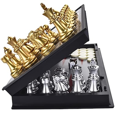 QuadPro 3 in 1 Magnetic Chess Checkers Backgammon Board Game Set with 125 Inch Folding Board Travel Games for Kids and Adults Chess Gold Silver