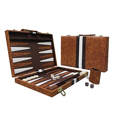 SUN FLAIR Sun Flair Backgammon Set 15 Inch Backgammon Sets for Adults Folding Classic Board Game with Premium Leather Case Best Strategy and Tip Guide Enclosed Brown Medium