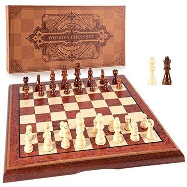 AMEROUS 15 Magnetic Wooden Chess Set Folding Board 2 Extra Queens Chessmen Storage Slots Gift Package Travel Chess Board Game Sets for Kids and Adults