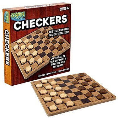 Gamie Wooden Checkers Board Game Wood Family Board Game for Game Night Indoor Fun and Parties Develops Logical Thinking and Strategy Best Gift Idea for Kids