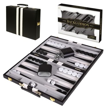 Crazy Games Premium Backgammon 15 Inches Medium Black Backgammon Sets for Adults and Kids Leatherette Back Gammon Board Game Set Travel Backgammon Set Board Encased with Accessories