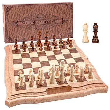 AMEROUS 156 inches Magnetic Wooden Chess Set Handheld Style Chess Board Game Sets with Game Pieces Storage Slots 2 Extra Queens Gift Package Chess for Beginner Kids and Adults