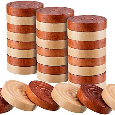 Sumind 24 Pieces Wooden Checkers 106 Inch Wood Checkers Pieces Stackable with Drawstring Storage Bag for Board Game Backgammon Dark Brown and Natural Wood Color