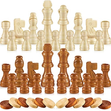 Skylety 56 Pieces Wooden Checkers Pieces Handcrafted Chess with Drawstring Storage Pouch Classic Wooden Chess Game Set Board Games Accessories in 2 Styles 2 Colors Brown Natural