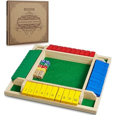 AMEROUS Shut The Box Dice Game12 inchesColorful Design14 Players12 DiceGift Package Classic 4 Sided Wooden Board Game for Adults Kids Classics Board Game