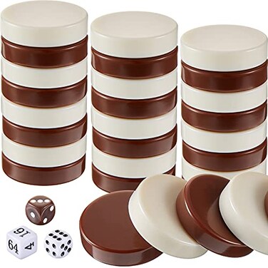 Skylety 30 Pcs Backgammon Pieces Checkers 125 Inch Replacement Checkers Board Game Playing Game Chips with 5 DiceBeige White and Brown