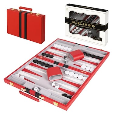 Crazy Games Premium Backgammon 15 Inches Medium Red Backgammon Sets for Adults and Kids Leatherette Back Gammon Board Game Set Travel Backgammon Set Board Encased with Accessories