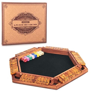 AMEROUS Upgraded 16 Players Shut The Box Dice Game Wooden Board Table Math Game with 16 Dice for Kids Adults Family Classroom Home Party or Pub