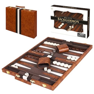 Crazy Games Premium Backgammon 11 Inches Small Brown Backgammon Sets for Adults and Kids Leatherette Back Gammon Board Game Set Travel Backgammon Set Board Encased with Accessories