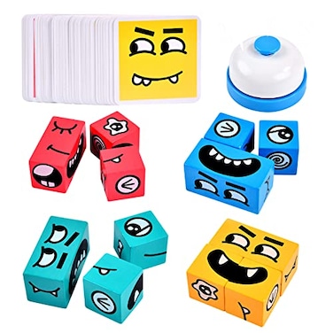 varbertos Wooden Face Changing Magic Cube Building Blocks Game Matching Expression Puzzle Toy Board Games for Family Night Match Puzzles Geometric Educational Toys for Kids and Adults
