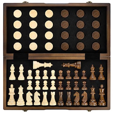 AMEROUS Magnetic Wooden Chess and Checkers Game Set 15 Inches 2 in 1 Chess Board Games 2 Extra Queens Gift Package Game Pieces Storage Slots Beginner Chess Set for Kids Adults