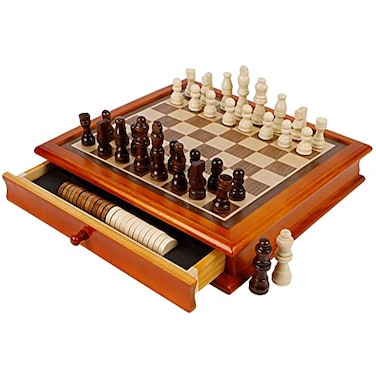 Juegoal 12Inch Wooden Chess Checkers Set with Storage Drawer Portable Board Games for Kids and Adults