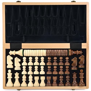 AMEROUS 15 Inches Wooden Chess Checkers Set with Upgraded Weighted Chess Pieces 2 Extra Queen 24 Cherkers Pieces Instruction Chessmen Storage Slots Classic 2 in 1 Board Games