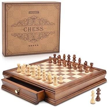 AMEROUS 128 x 128 Magnetic Wooden Chess Set with 2 Builtin Storage Drawers 2 Bonus Extra Queens Gift Packaging Staunton Chess Pieces Board Games Chess Sets for Adults and Kids