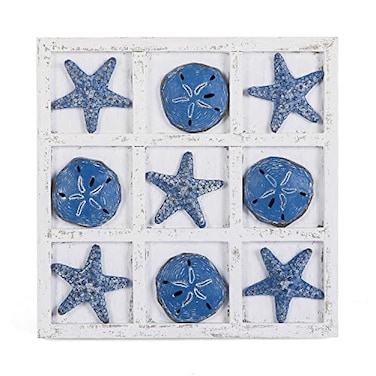 NIKKY HOME Beach Decor Tic Tac Toe 5 Sand Dollars 5 Starfish Pieces Wood Board Travel Game for Coastal House Coffee Table Decor Blue