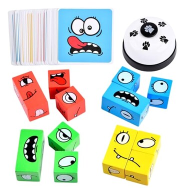 varbertos Wooden Face Changing Magic Cube Game Expression Puzzle Building Blocks Pattern Matching Game Educational Puzzles Toy Board Games for Kids and Adults with Bell