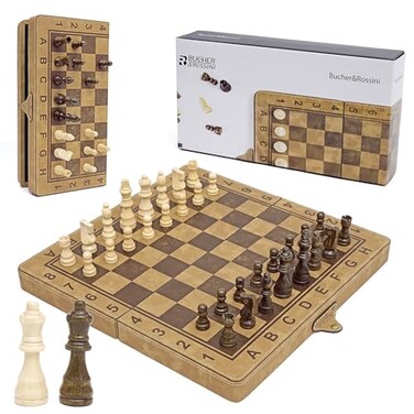 Bucher&Rossini Bucher Rossini 15Inch Magnetic Chess Set Faux Leather Foldable Board with Storage Compartments Travel Chess Game Set Classic Board Game for Adluts Kids Beginner