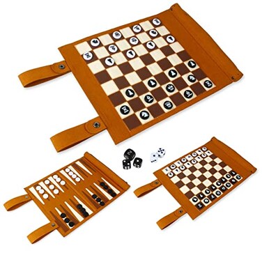 Andux Rollable Backgammon Board Game Microfiber Portable Chess Set PGSLQ01 3in1 Chess Brown