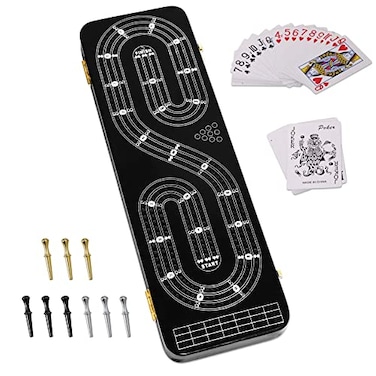 plusvivo Cribbage Board Game Set 3 Tracks 2 Storage Area with 9 Metal Pegs2 Decks of Playing Cards and Instruction Wooden Travel Portable Cribbage Game Sets