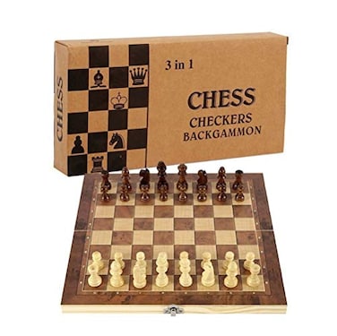 DUBSTAR Chess Set Folding Storage Wooden Chess Board Sets 15 Wooden Chess 3 in 1 Chess Board Game for Adults and Kids Chess Backgammon Checkers