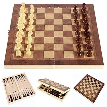 DUBSTAR Folding Storage Wooden Chess Board Sets 3 in 1 Chess Board Game for Adults and Kids Backgammon Checkers Exquisite Wooden Chess Set