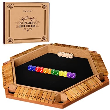 Nicecho 26 Players Shut The Box Dice Game Wooden Board Table Math Game with 16 Dice Classics Tabletop Games for Kids Adults FamilyClassroomHomeParty or Pub