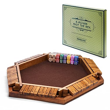 Vamslove Shut The Box Dice Game Wooden Board L15 x W13 for 1 2 3 4 5 6 Player 6 Sided 10 Numbers Math Games with 16 Dices for Kids AdultsInstructions Included
