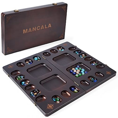 Vamslove VAMSLOVE Mancala 4 Player Board Game Set Luxury Solid Wood Folding Mancala Board 9612 Bonus Multi Color Glass Stone Beads Game Instructions Included