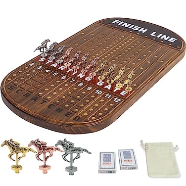 Jyquorp Horse Race Board Game Racing Game Solid Wood with 11 Luxurious Durable Classic Metal Horses with 4 Dice and 2 Boxes of Cards Finish Line Horse Racing Game Rustic Brown