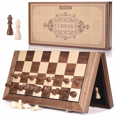 AMEROUS 15 Inches Magnetic Wooden Chess Set with 2 Extra QueensFolding BoardChess Pieces Storage SlotsInstructions Portable Travel Chess Game for BeginnerClassic Board Game