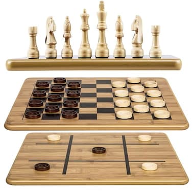 Vamslove VAMSLOVE Wooden Chess Checkers TicTacToe Game Set 115 x 115 DoubleSided 3 in 1 Board with 34 Chess Pieces 2 Extra Queens 24 Interlocking Checkers Storage Bag Instructions