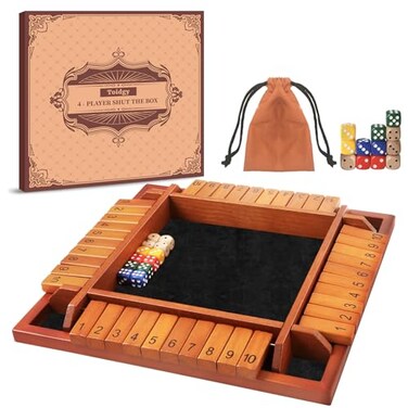 Toidgy 4 Players Shut The Box Dice Games Wooden Board Table Math Game with 12 Dice and Instructions Classics Close The Box Board Game for Adults Kids Family Classroom Home or Bar