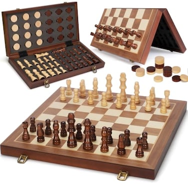 Jumlys 2 in 1 Magnetic Chess Set Checkers Board Game 15 Wooden Folding Chess Board with 2 Extra Queens Portable Travel Chess Set with Pieces Storage Slots Beginner Chess Board Game for Adults Kids