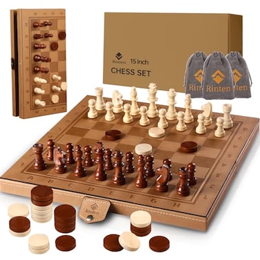 Rinten 15 Magnetic Chess Set Checkers Set 2 in 1 Leather Portable Travel Chess Board Game Sets with Velvet Bag Packaging Beginner Large Chess Set for Kids and Adults
