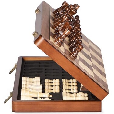 ELONGDI 15 Wooden Chess Set with Magnetic Pieces Extra Queens Folding Chessboard Portable Travel Tournament Chess Board Games for Adults Kids