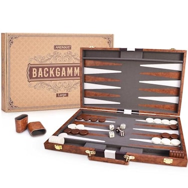 AMEROUS Backgammon Set 18 Inches Classic Board Game withLeather Case Folding Board Gift Package Portable Travel Strategy Backgammon Game Set for Adults Kids Large Brown