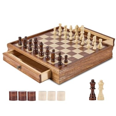 VEVOR Solid Wood Chess Set 15 inch 2in1 Chess Checkers Game Set Chess Board Games with Storage Drawer Weighted Chess Checkers Pieces 2 Queens Christmas Crafts Xmas Gift
