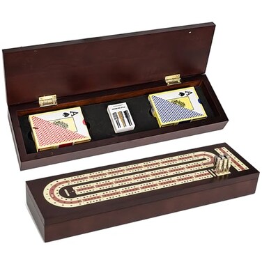 ESENHARBER Cribbage Board Game Set Premium Wooden Board with Magnetic Lock and Metal Pegs 2 Playing Cards and Large Storage TravelFriendly Continuous 3 Track Board