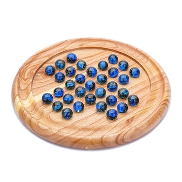 Ajuny Handcrafted Wooden Solitaire Board Game Classic Round Design with 33 Marbles 9x9 Inch Strategic Mind Game for All Ages