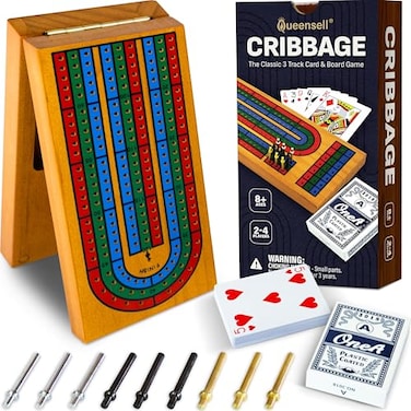Queensell Cribbage Board Game Set with Storage Classic Game Travel Cribbage Board with Wooden Card Storage for Adults Kids Ideal for Game Night