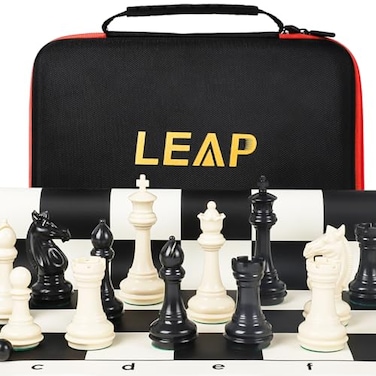 LEAP Tournament Chess Set 20x20 Foldable Silicone Chess Board 375 King Height Plastic Quadruple Weighted Classic Staunton PiecesStorage Bag for Beginner Adult