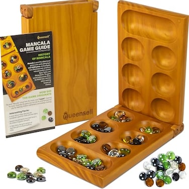 Queensell Mancala Board Game for Kids and Adults Wooden Folding Mancala Set with Magnetic Lock and 56 Stones Classic Strategy Board Game Travel Size