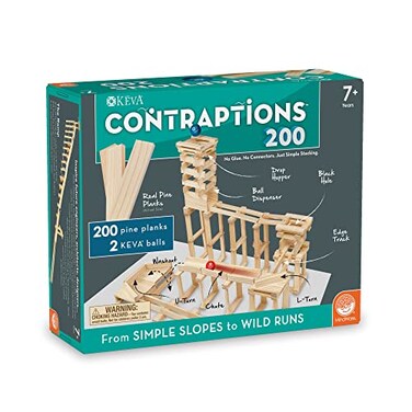 MindWare KEVA Contraptions Wooden Blocks Building Set Marble Run Kit Includes 2 Balls 200 Planks
