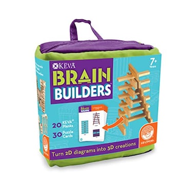 MindWare KEVA Brainbuilders 3D brain building STEM challenges for boys girls Try to build the image Practice spatial thinking 20 planks 30 puzzles